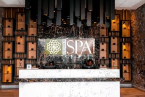 The modern spa's reception desk is welcoming.
