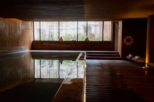 Indoor swimming pool with wooden walls and large window.